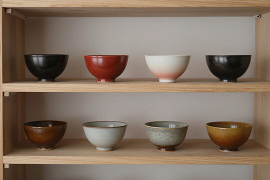 Handmade tea bowls with different glazes on wooden shelves