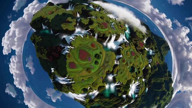 Aerial tiny planet with cascading waterfalls over lush green terrain and cloud ring, panoramic orbital view of miniature islands, plunging falls, scattered ponds, rugged mountains, bright sky, soft