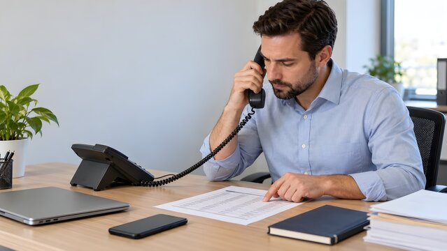 Employee verifying a contact with a directory and separate phone