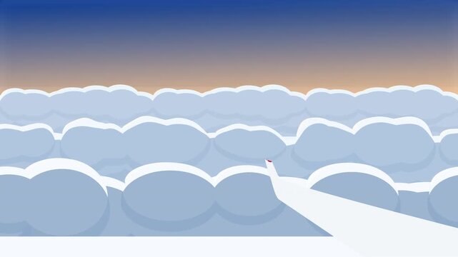 Pixel art airplane flying above fluffy clouds at sunset loop animation