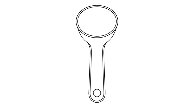 Black outline vector icon of a deep measuring scoop spoon with rounded bowl tapered handle and small hanging hole drawn with thin double contours centered vertically for kitchen portioning accuracy
