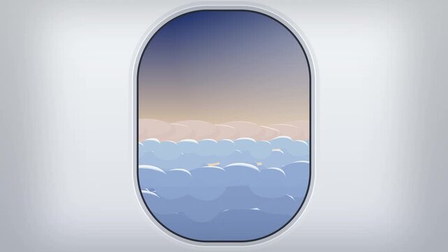 Pixel art airplane window view, retro cloudscape animation loop, travel