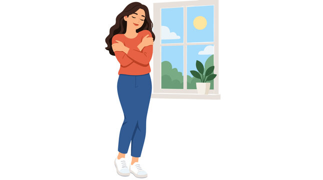 Serene young woman embracing herself in a comforting self-hug by a bright sunny window, eyes closed feeling calm and peaceful, self love, mental health and wellness concept flat vector illustration