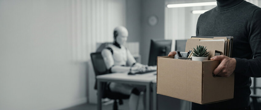 Faceless employee packing cardboard box looking at robotic artificial intelligence taking over corporate desk job