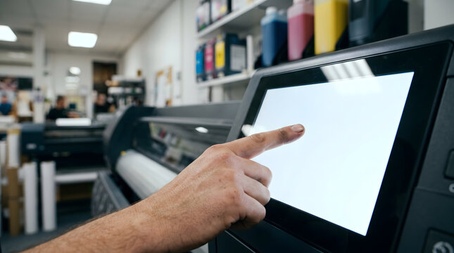 A technician's hand interacts with a blank digital touch screen interface on a large format industrial printer inside a bustling modern print shop. Background shows shelves of ink cartridges.