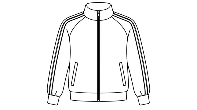 Medium line art illustration of a zip up track jacket with high collar raglan sleeves side pockets and triple stripes down arms drawn with clean black outline in front view ideal in team catalogs