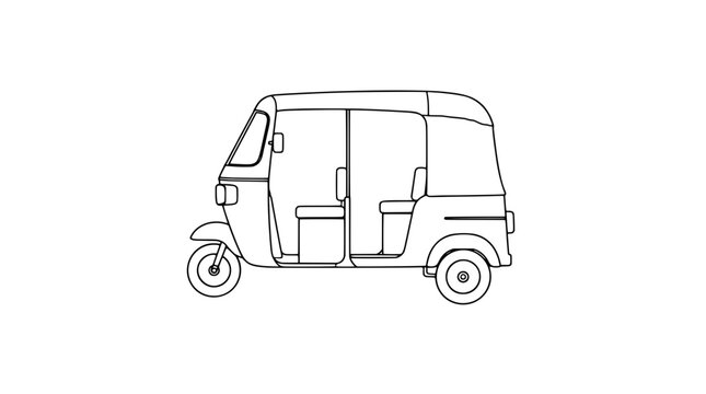 Black outline vector icon of a three-wheeled auto rickshaw passenger vehicle with open side doors bench seats canopy roof and small wheels drawn in thin lines in complete lateral side perspective
