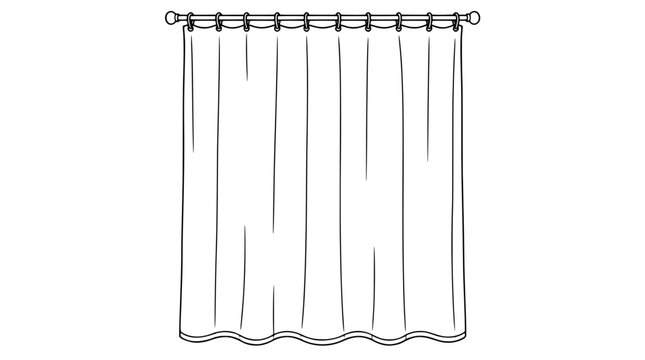 Black outline vector icon of a full-length shower curtain hanging from a straight rod with a row of rings, vertical drape folds, wavy weighted hem and thin lines centered in vertical arrangement