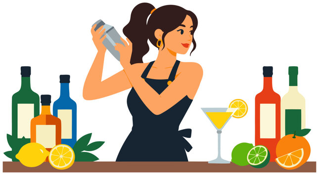 Female bartender smiling while shaking a stainless cocktail shaker behind a wooden counter with bottles and citrus fruits, mixology beverage vector illustration in navy, emerald and citrus hues