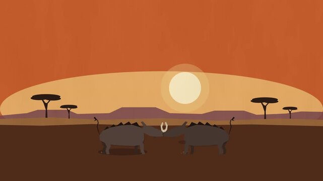 pixel art animation of rhinoceros fighting in african savanna sunset loop