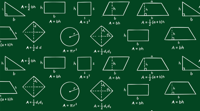 Seamless repeating chalkboard pattern of white chalk geometric area formulas and planar figures, school mathematics and geometry background vector illustration in forest green and chalk white