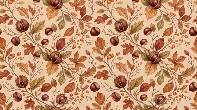 Vintage Chestnut and Autumn Botanical Seamless Pattern