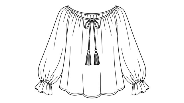 Black outline vector icon of a boho peasant blouse with wide neckline front tie tassel cords and puffed elastic-cuff sleeves rendered with thin black lines in flat front view displaying airy drape