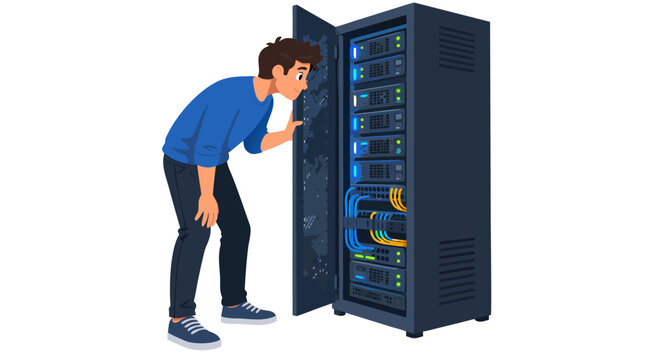 Curious young man peering into open glowing data center server rack with blue and green LED lights and tangled network cables, bold flat style cartoon vector illustration on white background