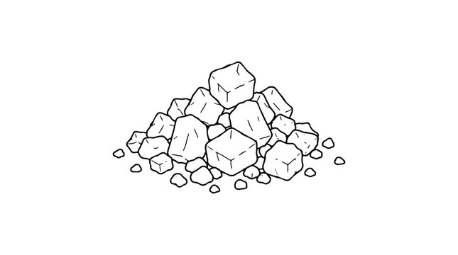 Black outline vector icon of a pile of coarse salt crystals with varied cubic chunks and tiny scattered grains around base drawn with thin lines in centered triangular composition related to seasoning