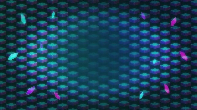 Pixel art animation loop, isometric grid, retro video game background, neon purple and green gradient, glowing elements, digital pattern