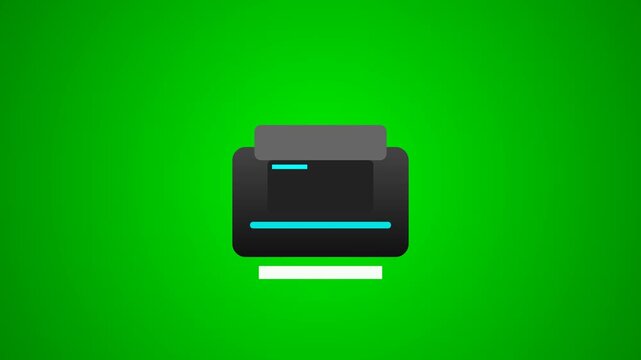 Printer printing paper animation on green screen background showing office machine output process in modern graphic illustration style for business and technology design projects