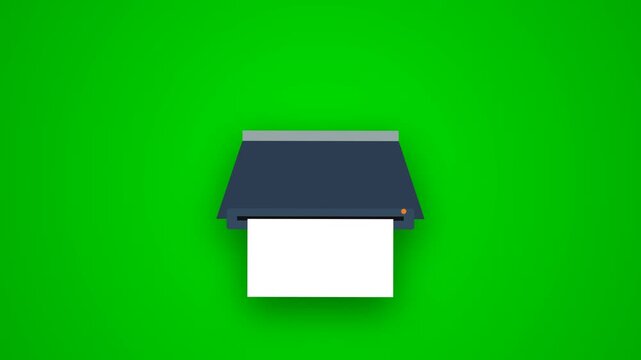 Digital printer machine printing blank white paper documents on solid green background animation