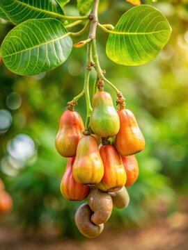 Cashew tree branch with cashews hanging from it