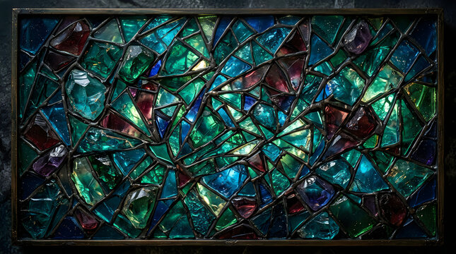 Abstract stained glass window with vibrant blue and green colors and religious figures