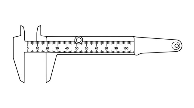 Black outline vector icon of a sliding vernier caliper with dual measuring jaws, graduated beam scale and round thumb lock drawn in thin precise lines in extended horizontal side view