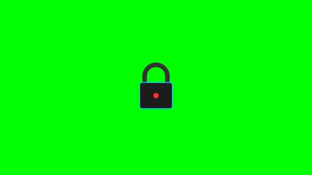 Digital padlock unlocking and locking animation on a bright green background representing computer security and data protection concepts with clean modern graphic vector style design elements