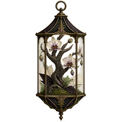 Fototapeta premium Lantern-shaped terrarium containing a miniature deadwood tree bloo...