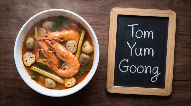 Thai tom yum goong soup with prawns and mushrooms