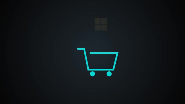 Shopping cart icon moving across dark background in modern digital animation representing ecommerce and retail business concepts with clean minimalist vector graphic style