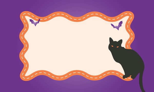 Halloween Invitation Template with Cute Black Cat and Orange Wavy Frame on Purple Background