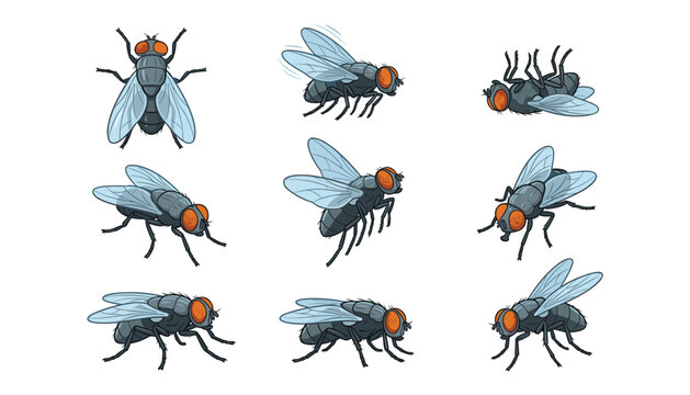 Set of cartoon housefly characters showing different angles flying sitting crawling and dead insect icon elements vector illustration