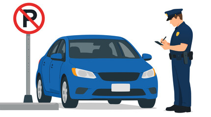 Fototapeta premium Police officer writing parking ticket for blue sedan parked next to no-parking sign on city street, flat color vector illustration of traffic law enforcement and parking violation