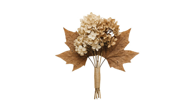 Dried flowers bouquet with maple leaf on transparent png background