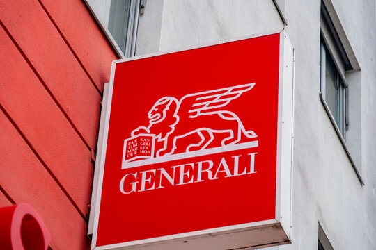 Generali insurance company sign red square panel logo, Financial institution branding, Historic Venetian lion, Generali Group, urban street signage financial services, company name, Budapest, Hungary