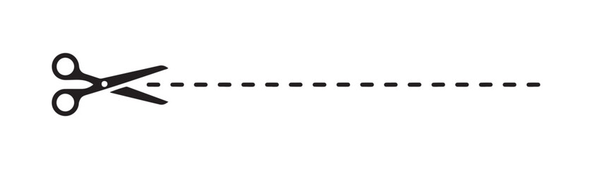 Black scissors icon with long dashed cut line for voucher or coupon border design layout purposes. © Saimul