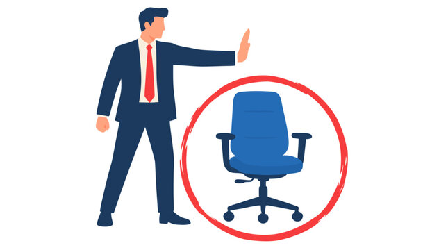 A professional businessman extends palm in defensive stop gesture beside a blue office swivel chair circled in bright red outline on plain backdrop in this corporate vector illustration