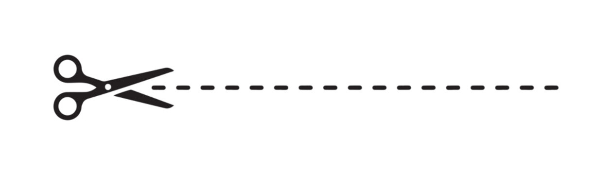 Black scissors icon with long dashed cut line for voucher or coupon border design layout purposes.