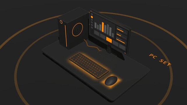 A dark isometric CAD-style 3D desktop computer set powers on: the tower button sends an orange signal along the cable, the monitor boots a simple interface and the keyboard and mouse light up, then ev