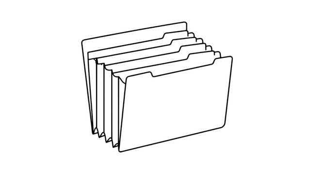 Line art illustration of a stack of file folders with staggered tabs and edges plus side gussets forming an accordion shape drawn with thin lines in angled perspective conveying paperwork