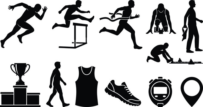 Running race athlete silhouette collection with runners starting blocks stopwatch trophy sneaker singlet and marathon competition icons