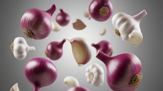 Floating garlic cloves and whole red onions captured in a cinematic slow motion sequence against a luminous and bright studio backdrop