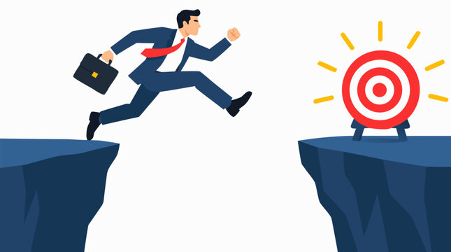 Determined businessman in suit leaping across cliff chasm toward glowing red bullseye target on opposite peak symbolizing bold business risk taking ambition courage and goal achievement concept