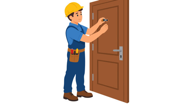 Young builder in blue overalls and yellow hard hat installing door peephole viewer spyhole on brown wooden front door for home security, locksmith maintenance service flat vector illustration