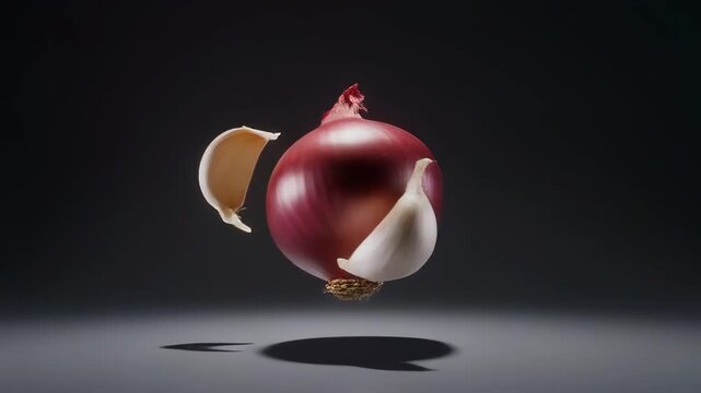 Close-up video of a single red onion and two of garlic cloves gently rotating in midair, illuminated by bright studio lights