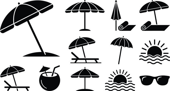 Summer beach vacation vector icons set featuring black silhouettes of parasol umbrellas deck chair sunset sunglasses and coconut drink