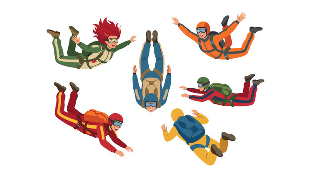Skydivers free falling in sky vector character set featuring skydiving paratroopers with parachutes flying in extreme extreme