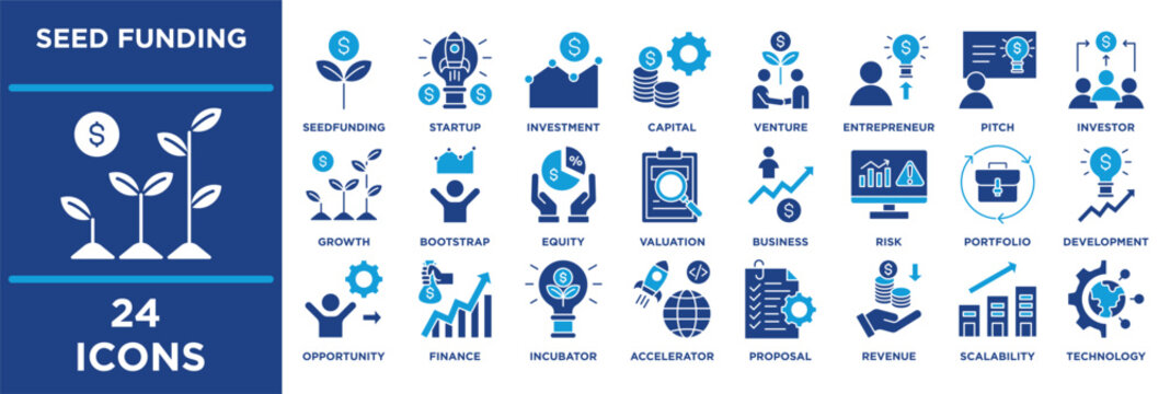 Seed Funding glyph icon set featuring Bootstrap, Equity, Valuation, Innovation, Business, Angel, Risk, Portfolio, Strategy and Development. solid vector.