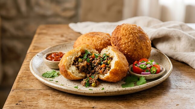 Delicious golden papa rellena stuffed potato balls served with fresh salsa on a wooden table. South African Cuisine