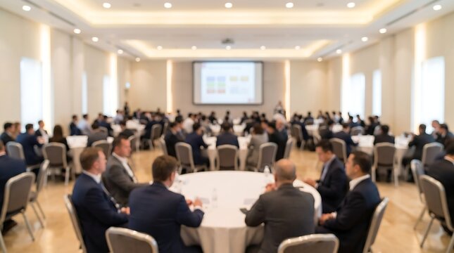 Blurred audience members sitting at circular tables in a modern corporate auditorium during a professional business seminar with a presentation screen visible in the distance background