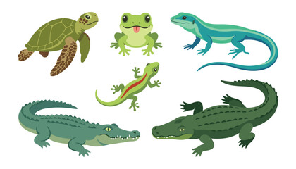 Fototapeta premium Vector illustration collection of cute cartoon reptiles and amphibians including turtle frog lizard gecko alligator and crocodile